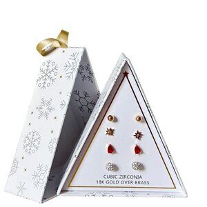 NWT Macy's 18K Gold Plated Set of 4 Earrings Ruby Red Cubic Zirconia Studs